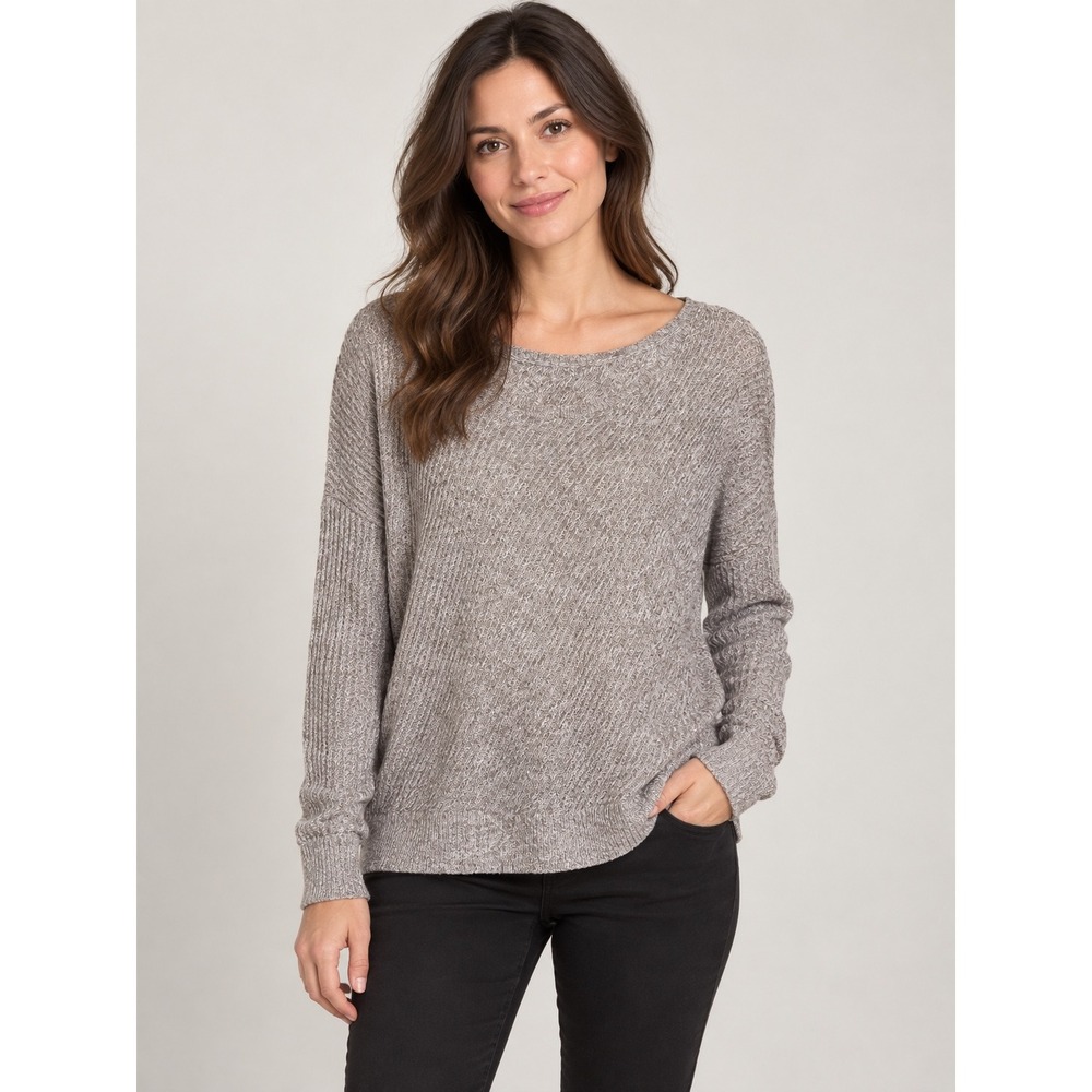 Eileen Fisher Grey Marl Textured Knit Scoop Neck Long Sleeve Sweater